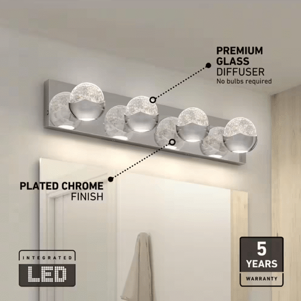 Oracle 27 in. 4 Light Chrome Modern Integrated LED 5 CCT Vanity Light Bar for Bathroom with Bubble Glass